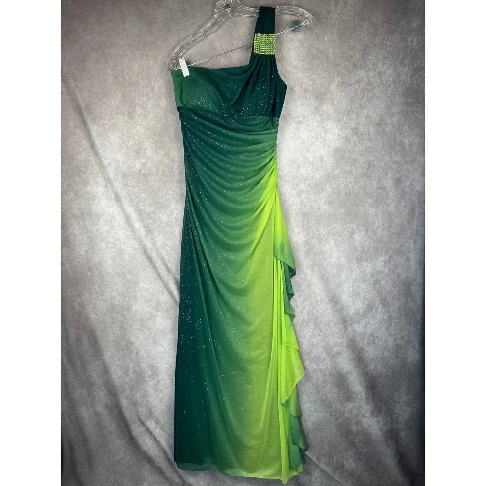 Vtg 90s‎ Y2K Fairy Prom Gown S Green Ombré Overlay Rhinestones Mermaid Dress USA